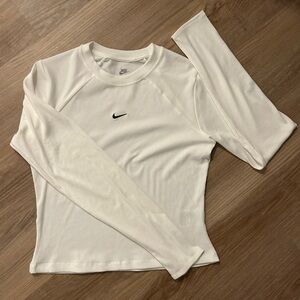 Nike Women's Cream Ribbed Long Sleeve Top with Black Swoosh
